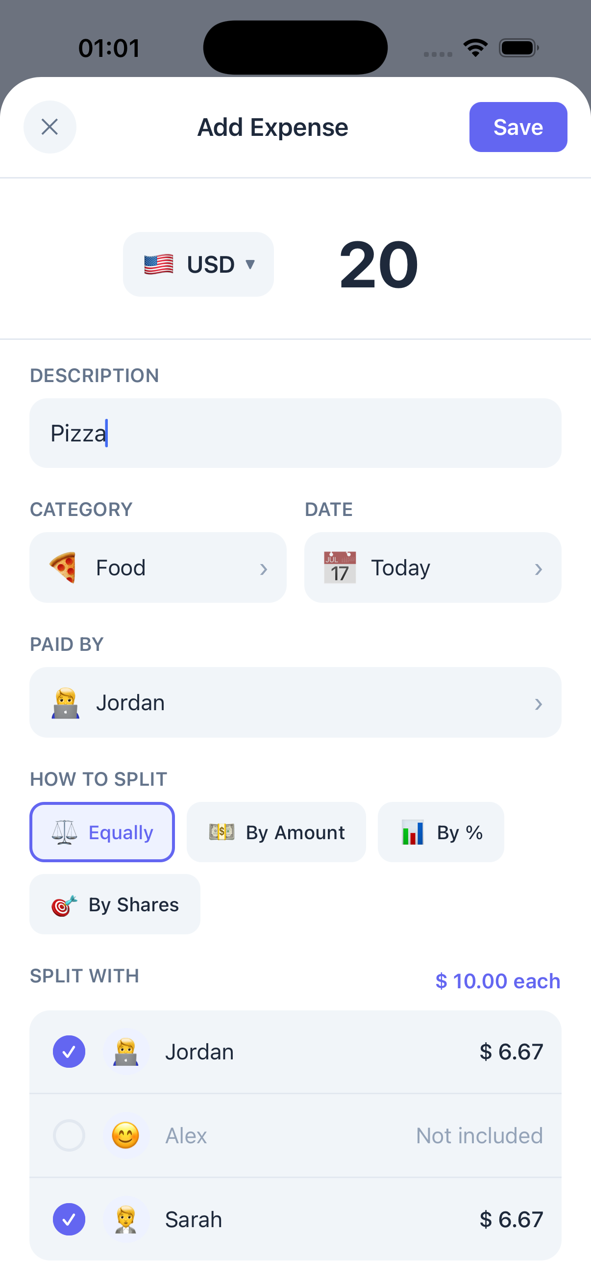 Métodos de división de FINO — igual, personalizado, porcentaje, excluir